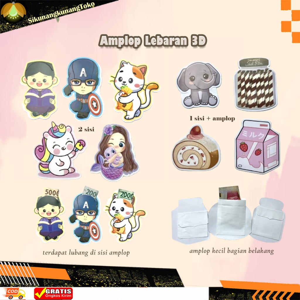 

(SKN) Amplop Lebaran 3D 5 Pcs Lucu Cromboloni Cake Snack Parcel Aestethic Viral Angpao THR Unik Ampelop 3 D Idul Fitri Hari Raya 2024