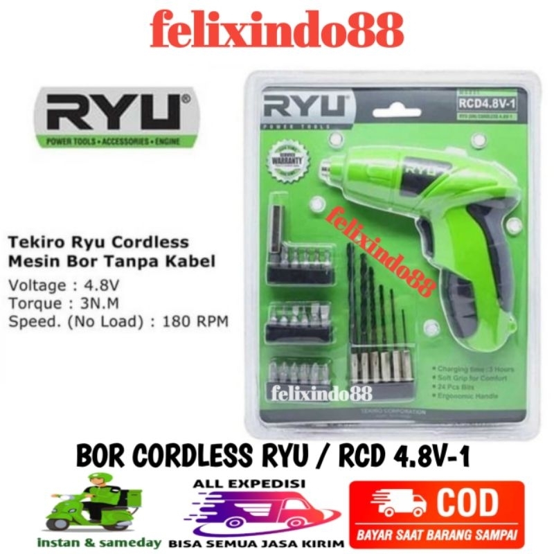 Obeng Batre Bits Ryu RCD4.8V-1 Cordless Screwdriver Cas Mesin Bor Tanpa Kabel Mata Obeng