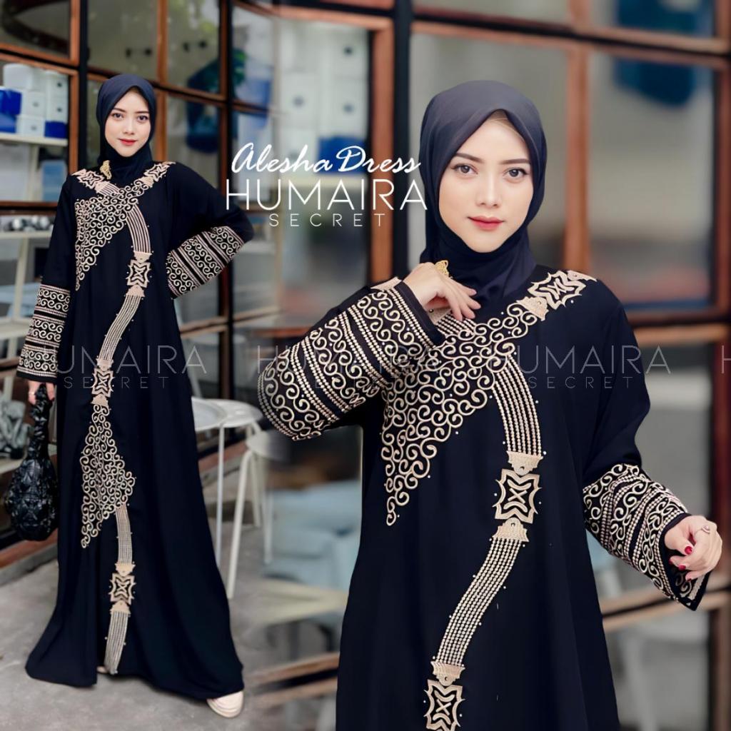 ABAYA ALESHA DRESS HITAM JETBLACK BORDIR GOLD GAMIS TURKI HAJI UMROH
