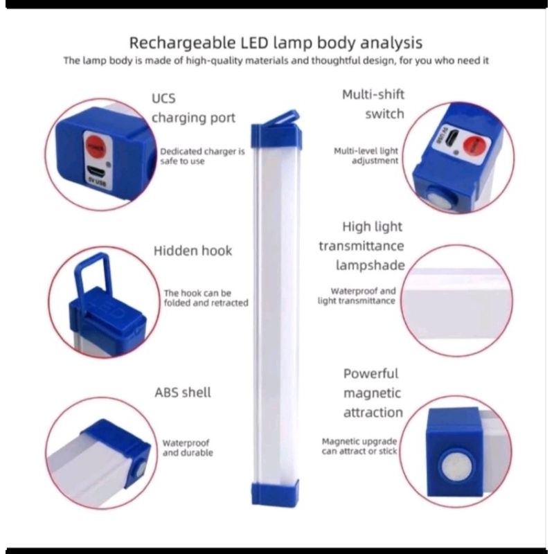 Lampu Neon Led Portabel T7 Emergency 60W Panjang 32CM / Lampu Neon Cas