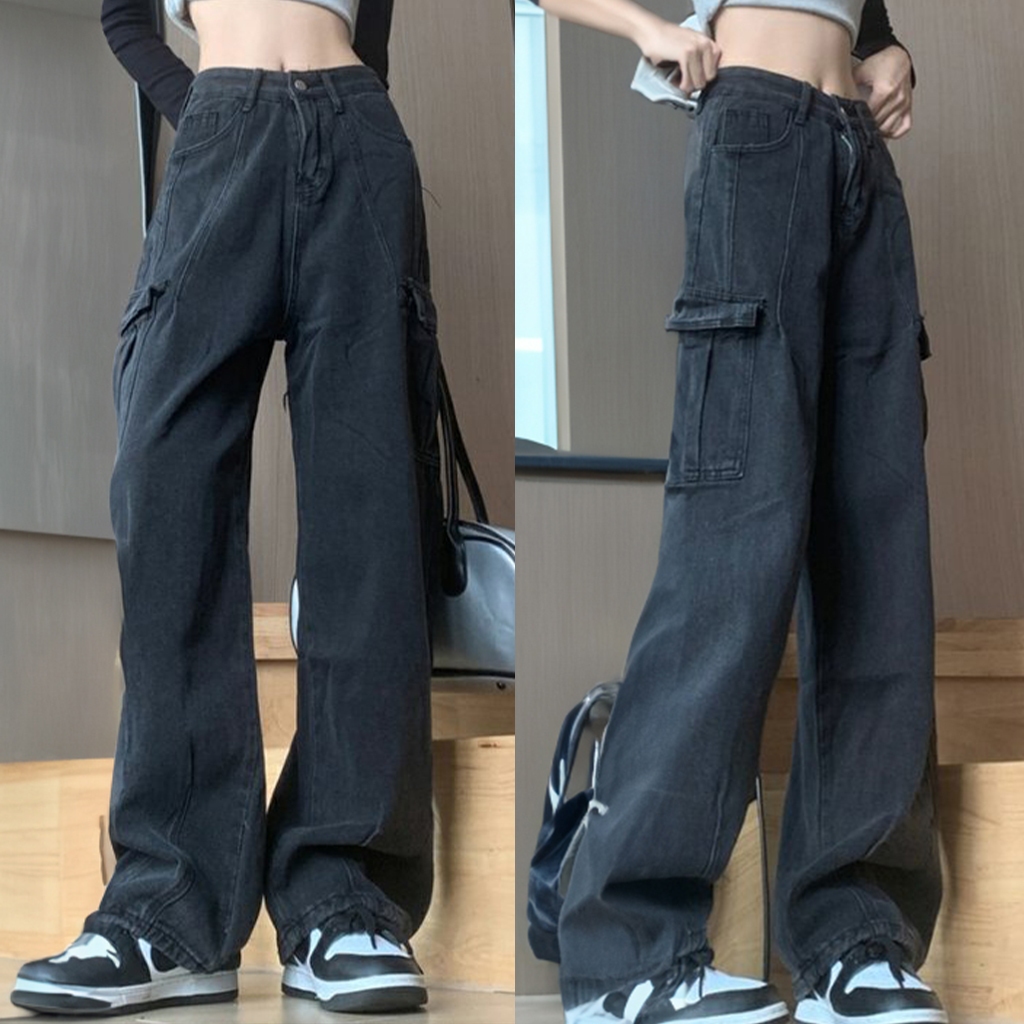 Jeans Celana Panjang Cargo Pant Polos Basic Modern wanita Import highwaist loose trousers  Street st
