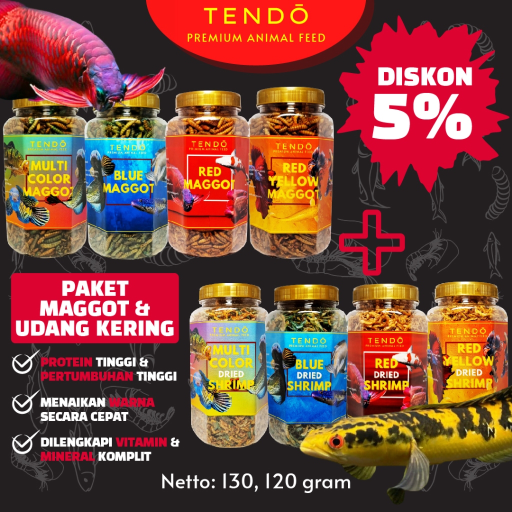 Paket Pakan Ikan Channa Maru Arwana Maggot Udang Kering Channa Red Yellow Blue Tendo