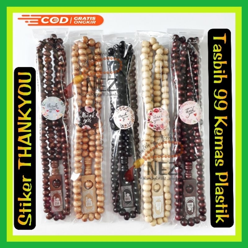 •100 pcs MIX 5 WARNA•Tasbih Kayu Souvenir 99 Butir Kemas Plastik + STIKER THANKYOU 5 Warna Unik Coco