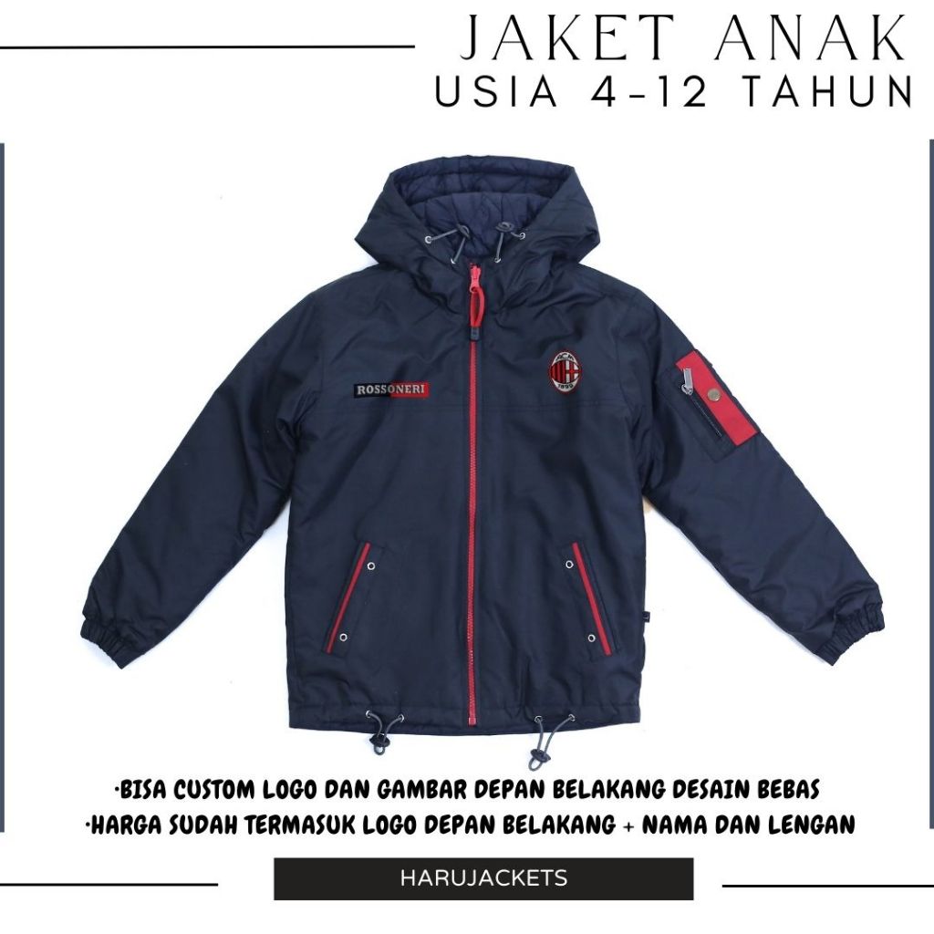 JAKET AC MILAN SIZE ANAK PARASUT SENIWATERPROOF USIA 4-12 TAHUN
