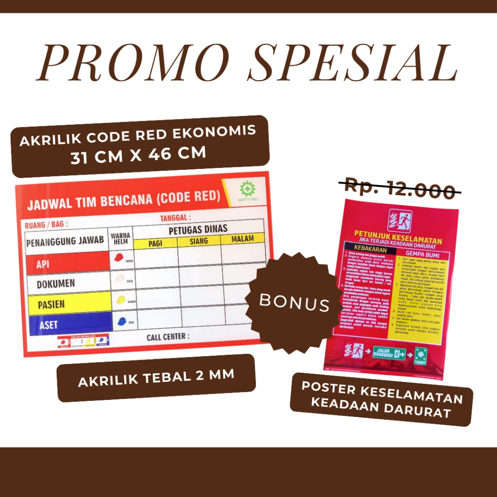 Papan Akrilik Code Red Ekonomis 31.5 cm x  46.5 cm Bonus Poster Keselamatan | Acrylic Code Red 2 mm 
