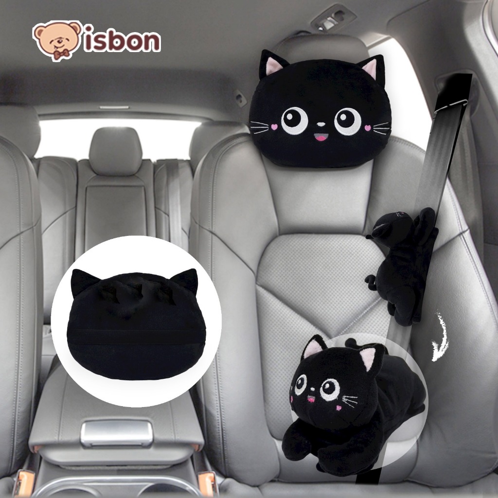 Boneka bantal mobil kucing hitam mono dan sabuk pengaman sealt belt cat black lucu bahan halus SNI non alergi cocok untuk aksesoris interior mobil by Istana Boneka