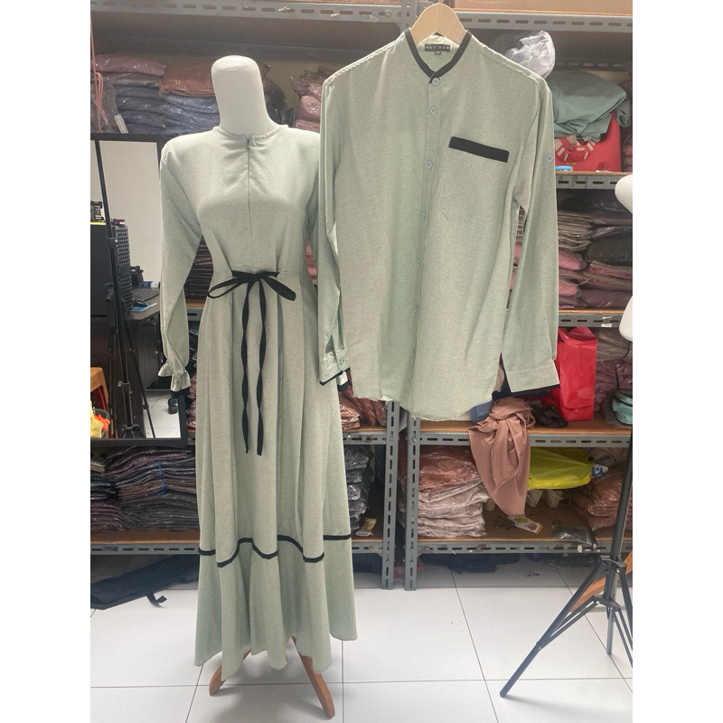 Ghaisani Couple warna Soft green hazirah.id gamis triji serat kayu koko kemeja kemko couple