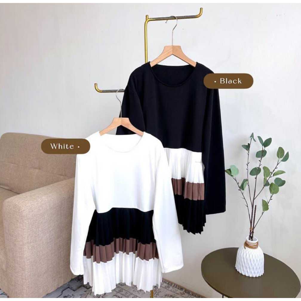 Atasan Blouse Naira Combi Plisket Hitam Putih LD 120 - Atasan Wanita Kekinian