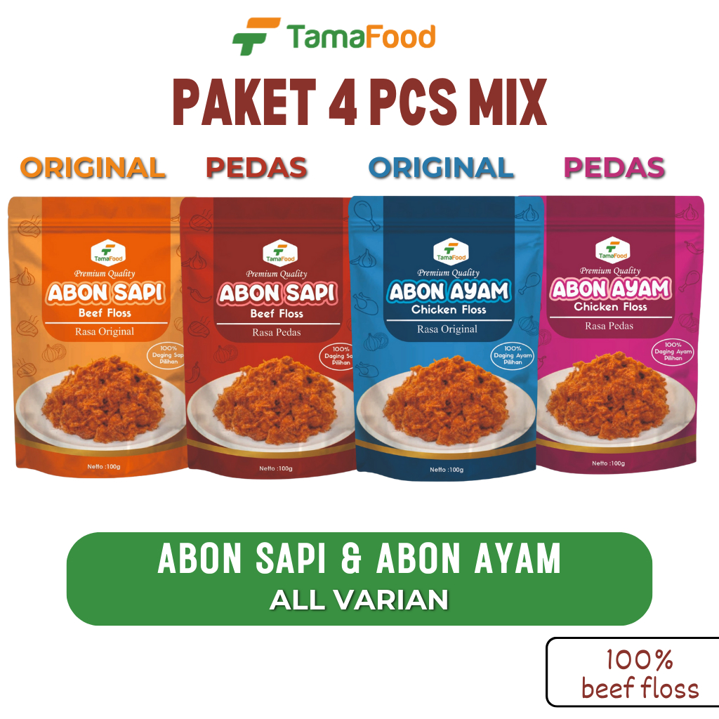 

Tamafood - Paket MIX 4pcs All Variant / Abon Sapi 2pcs Original dan Pedas | Abon Ayam 2pcs Original dan Pedas