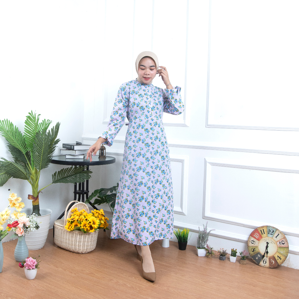 MIDI DRESS MUSLIM ISMA BAHAN KATUN MOTIF BUNGA / DRESS BUSUI BUMIL