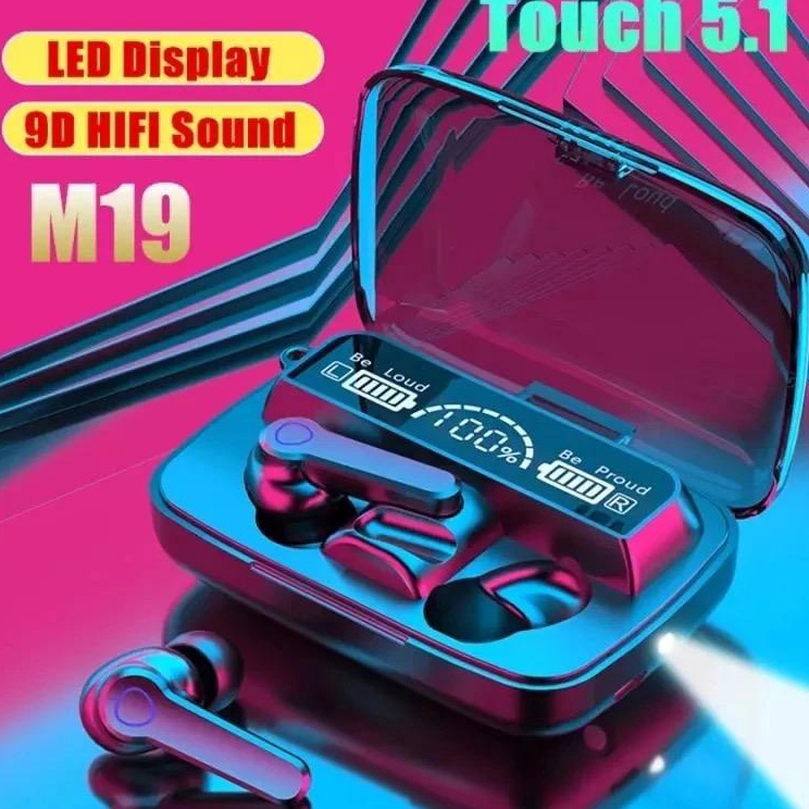 HEADPHONE BLUETOOTH 51 EARBUD M19 TWS NIRKABEL LED DIGITAL POWER DISPLAY BASS STEREO