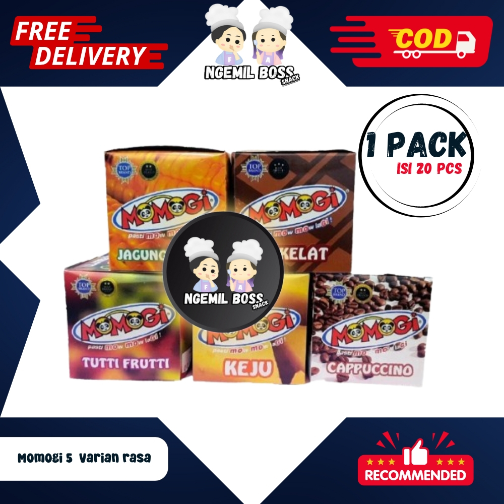 

Momogi Snack Rasa Coklat/Jagung Bakar/Keju/Tutti Fruitti/Cappucino 1 Pack Isi 20pcs Netto 5gr