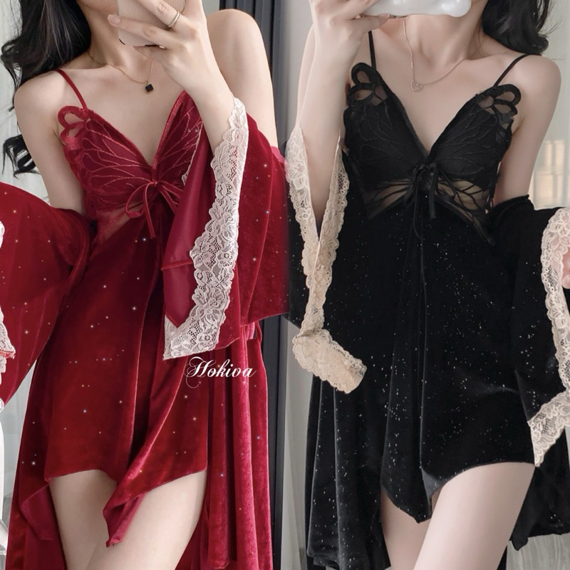 412c Sexy Lingerie Glitter Kimono 2in1 / Baju Tidur Wanita Set Velvet / Lingerie Kupu Kupu Bra