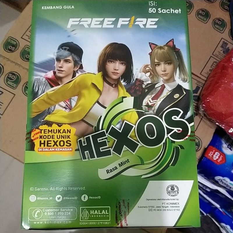 

PERMEN HEXOS (EDISI KODE UNIK FREE FIRE) ISI 50 SACHET ,PER BOX