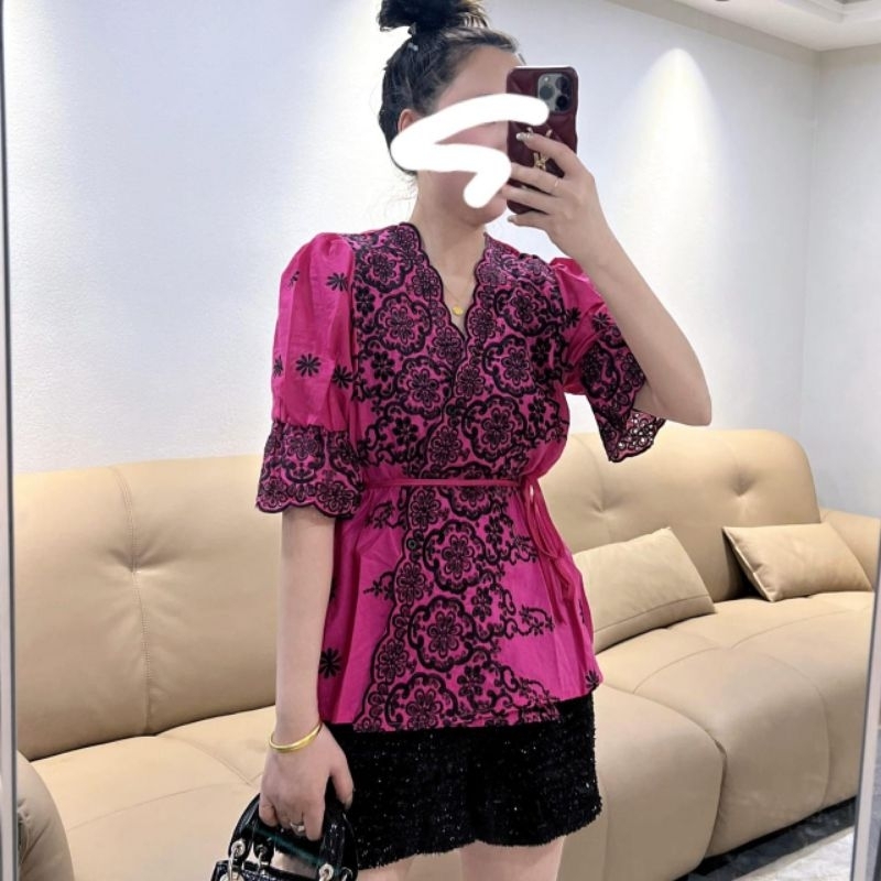 2914 Baju atasan BLOUSE CHIARA EMBROIDERED COTTON WRAP KATBOL TOP VNECK katun bolong Lace bordir Kor