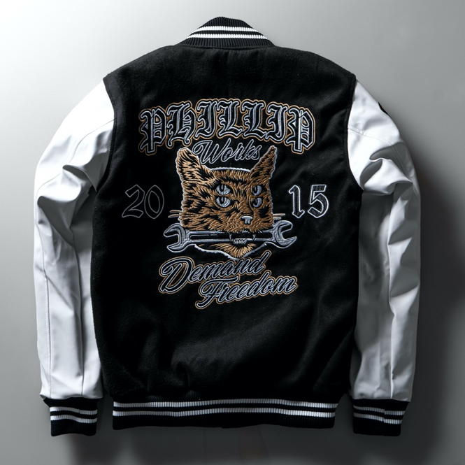 Phillipworks Trippy Cat Varsity Jacket – Black White Bordir Leather Unisex Streetwear