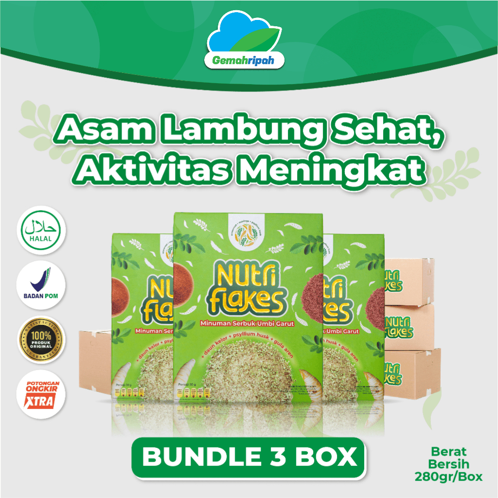 

NUTRIFLAKES PAKET 3 BOX - Sereal Langsing Gula Aren Umbi Garut Diet Alami Atasi Kekurangan Serat Tubuh BB Naik Masalah Pencernaan Gerd Maag Kembung Pegah Mual Sakit Nyeri Perut Iritasi Lambung Produk Original Halal MUI BPOM