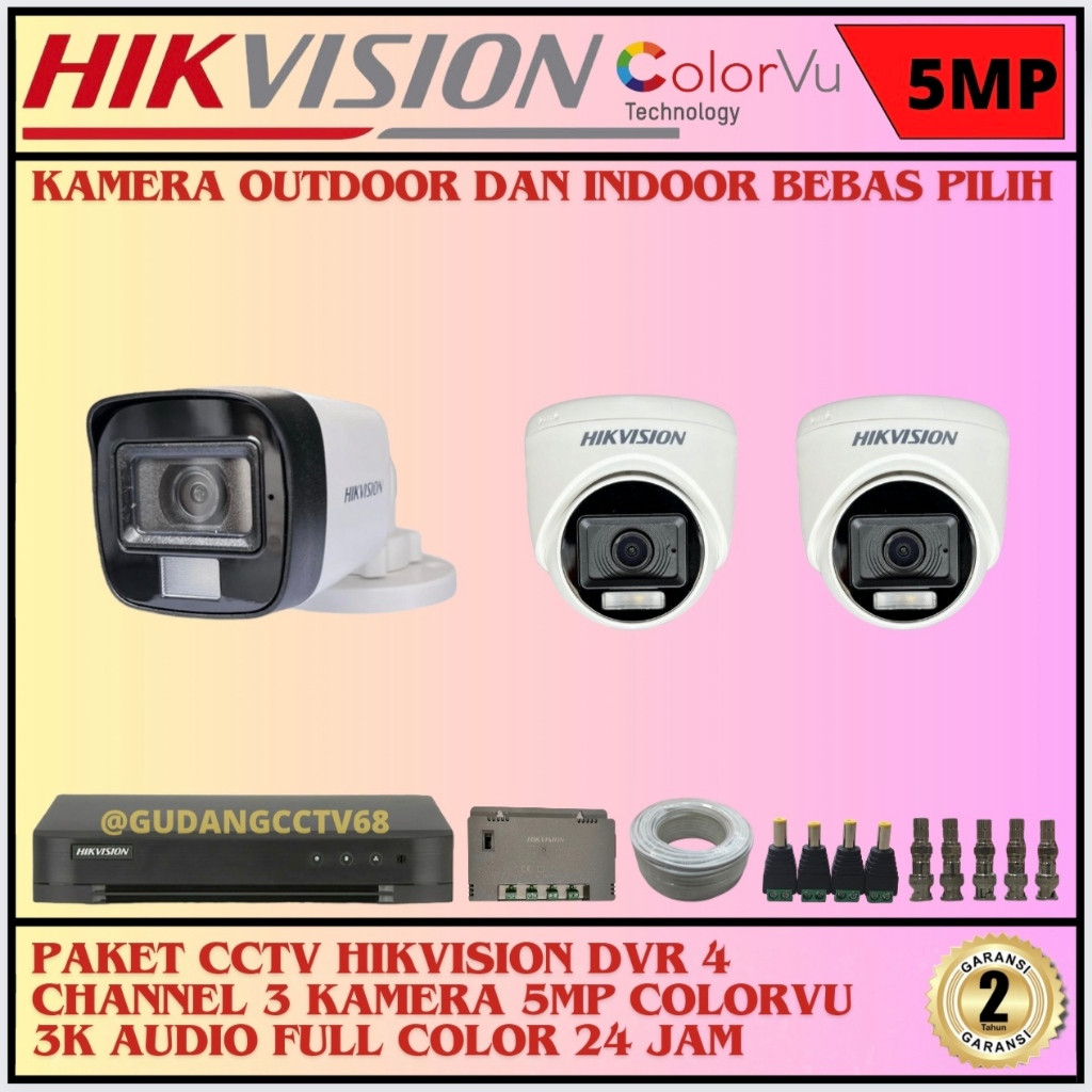 Paket CCTV HIKVISION 4 Channel 3 Camera HIKVISION 5MP Colorvu 3K Full Colour AUDIO SERIES Komplit