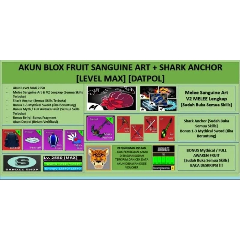 Akun Blox Fruit Sanguine Art + Shark Anchor [Level MAX] [Belum Verifikasi]