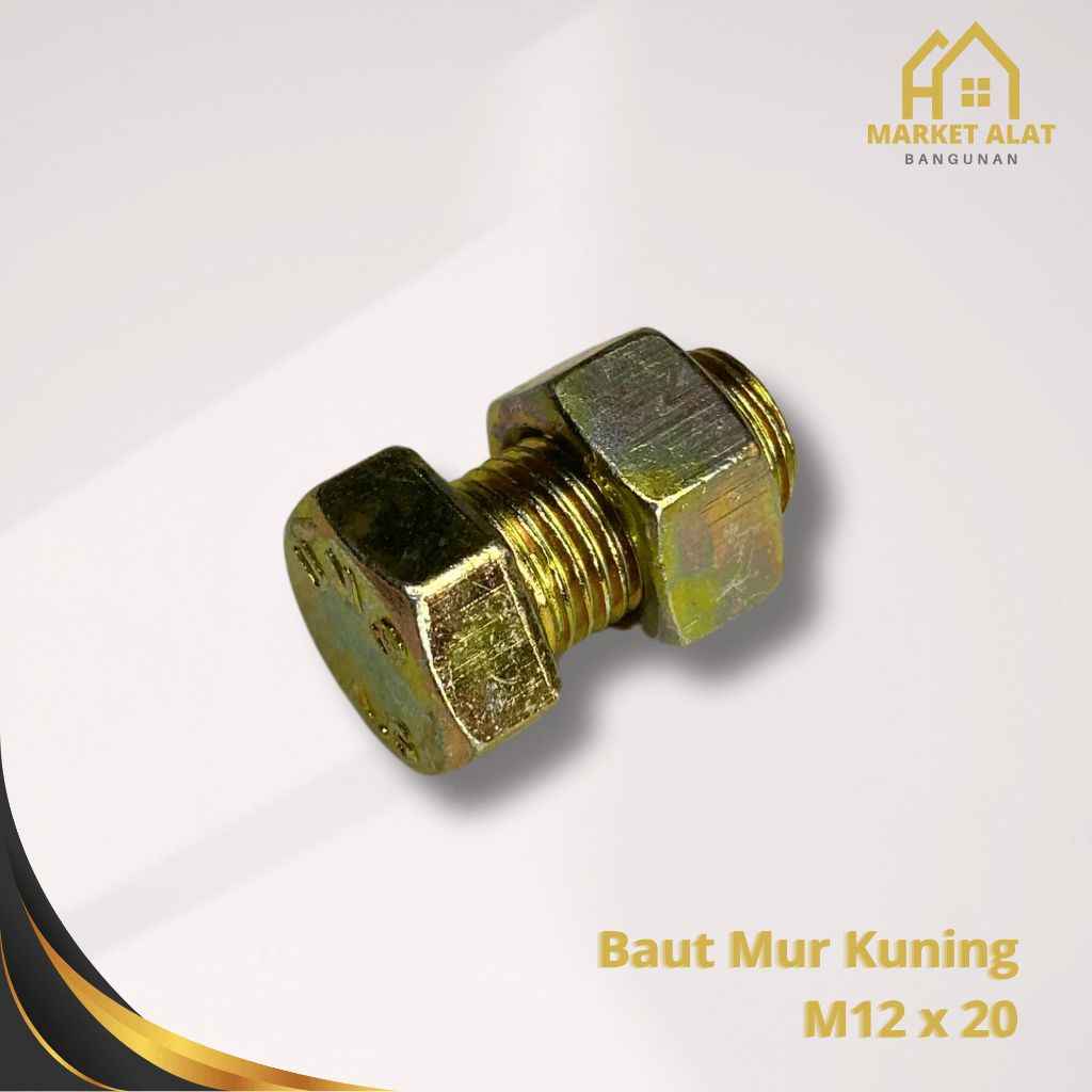 Baut Mur Kuning M12 x 20 mm Kunci 17 Panjang 2 cm Hexagon