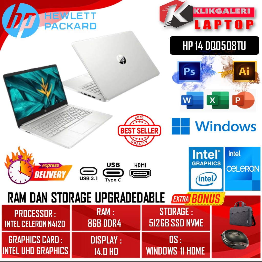 DI JUAL CEPAT LAPTOP MURAH HP 14S DQ0508TU  INTEL N4120 RAM 8GB SSD 512GB NVME Windows ORIGINAL SILV