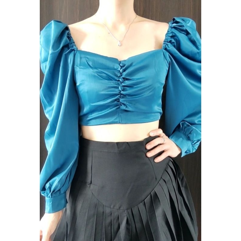 8 Warna - Lolly Crop Top Import - Blus Lengan Panjang - Satin Premium Quality - Elegan - Baju Kondan