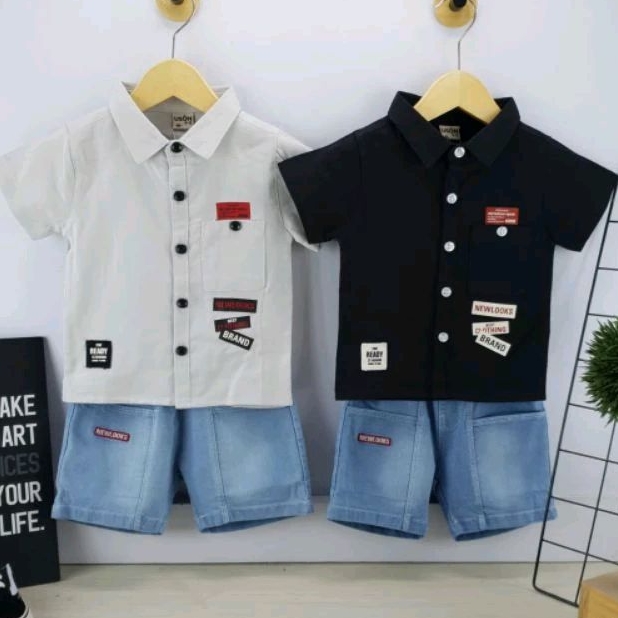 SETELAN KEMEJA USON ANAK COWOK CELANA JEANS PENDEK BABY BOY LAKI LAKI