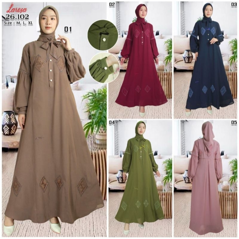 Set Gamis Larosa bordir original 26.102  /  Dress larosa original set Kerudung   /  Gamis abaya laro