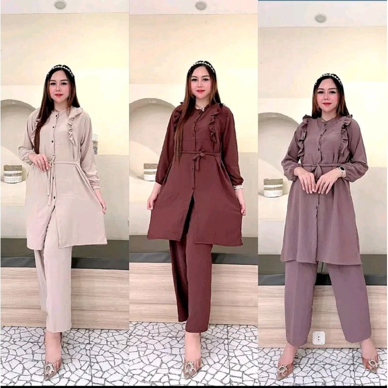 setelan tunik crinkle terbaru One set long tunik bahan crinkle airflow