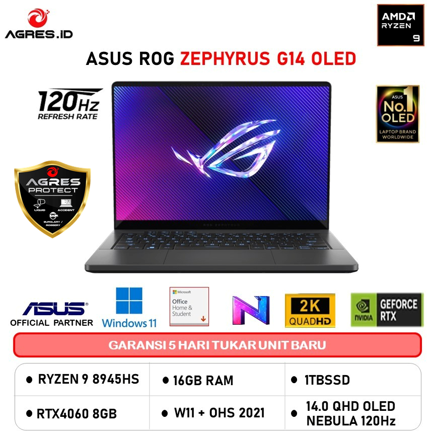 ASUS ROG ZEPHYRUS G14 OLED GA403UV RYZEN 9 8945HS RTX4060 8GB/ 32GB 1TB W11+OHS 14.0QHD 120HZ GRY