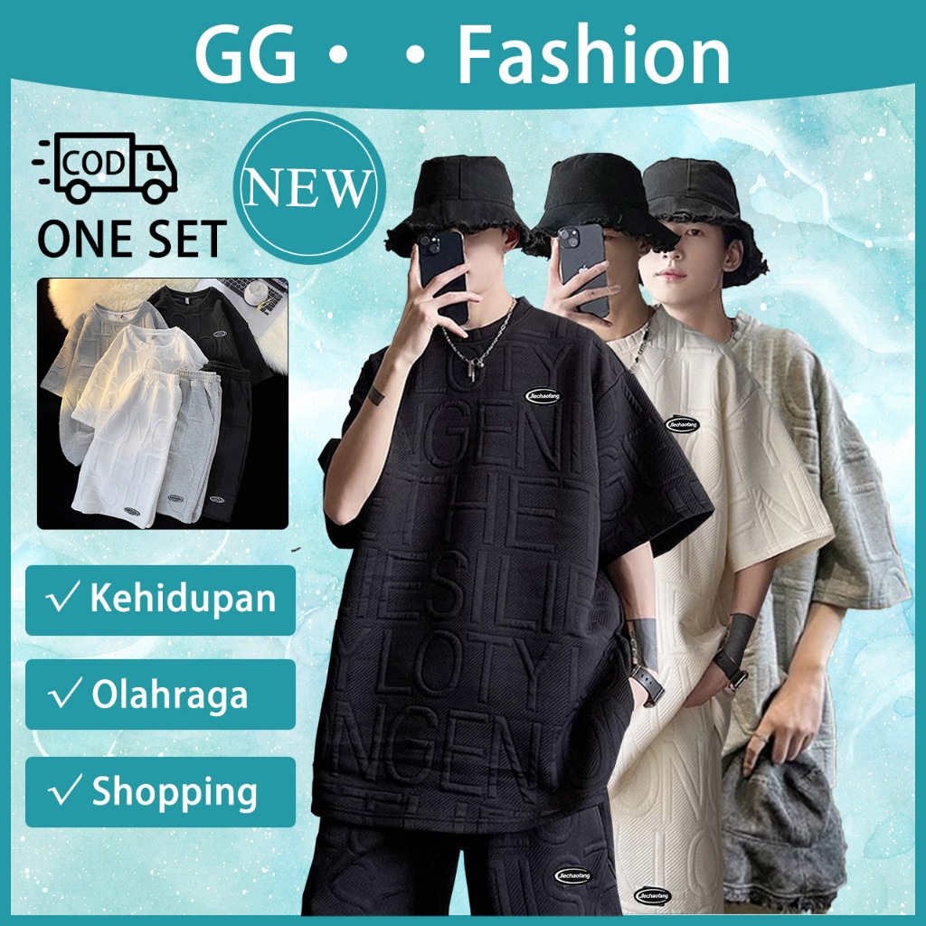 baju set kaos pria setelan Musim Panas korean style loose kaos Leher Bulat+celana pendek casual sete