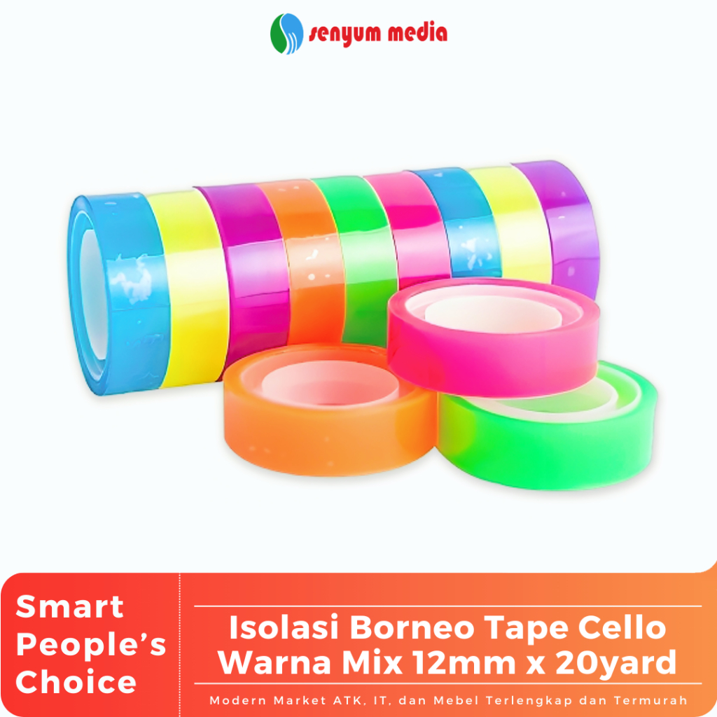 Isolasi Borneo Tape Cello Warna Mix 12mm x 20yard (1 Slop Isi 12 Pcs) (S:DZN)