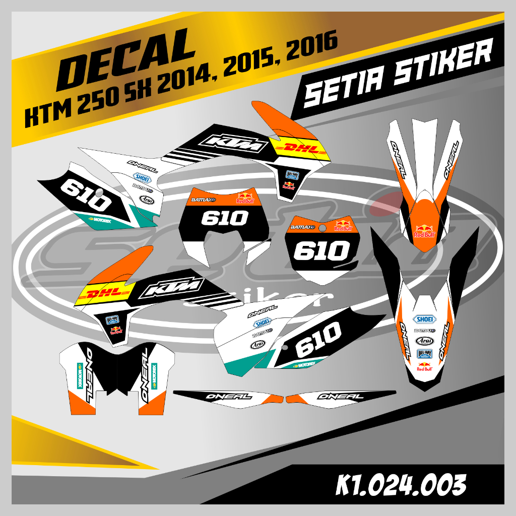 DECAL KTM 250 SX 2014-2016 FULL BODY, WARNA PUTIH OREN, SUPERMOTO, TRAIL, DESAIN BEBAS CUSTOM BARU (