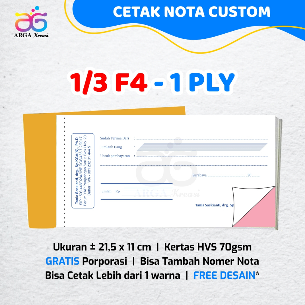 Cetak Kwitansi Custom 1 Ply 1/3 F4 Nota Makanan Restoran Buku Resep Dokter