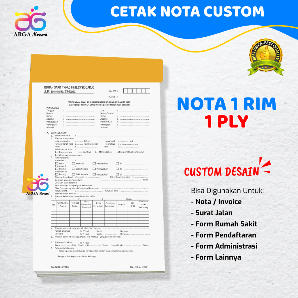 Cetak Nota 1 Ply Custom 1 Rim Kertas HVS / Kertas Buram CD Kwitansi Toko Bon Kuitansi Invoice Faktur Form Rumah Sakit
