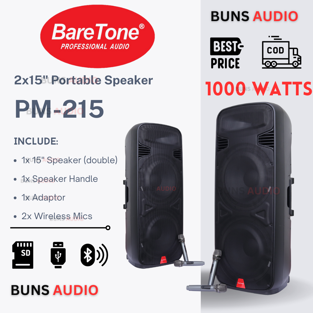BareTone Speaker Portable PM-215 Party Box With Bluetooth 1000W (15 INCH DOUBLE PORTABLE)
