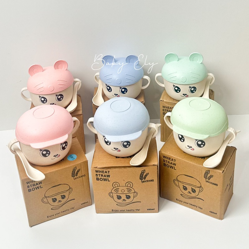 BABY ELY | 3 in 1 Set Mangkok Makan Bayi Gelas Set 3D Tutup Cangkir Jerami Gandum Sendok Set Anak Ka