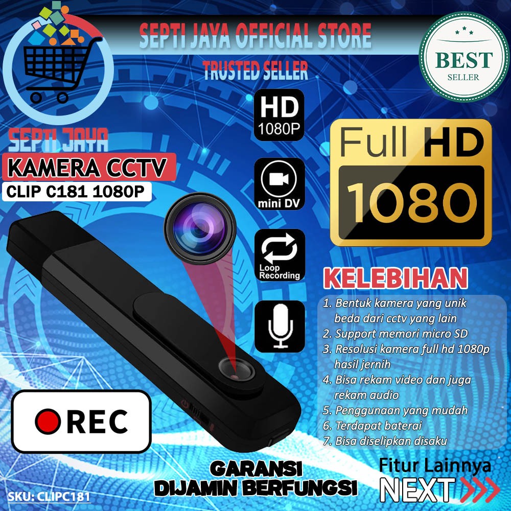 Camera Mini Clip-On Kamera Saku Pocket Klip C181 Full HD 1080P Hidden Spycam Perekam Vidio Audio USB