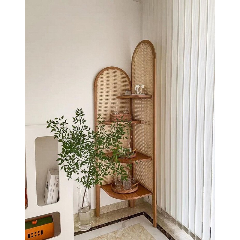 rak sudut rotan rak sudut serbaguna rak minimalis kayu jati