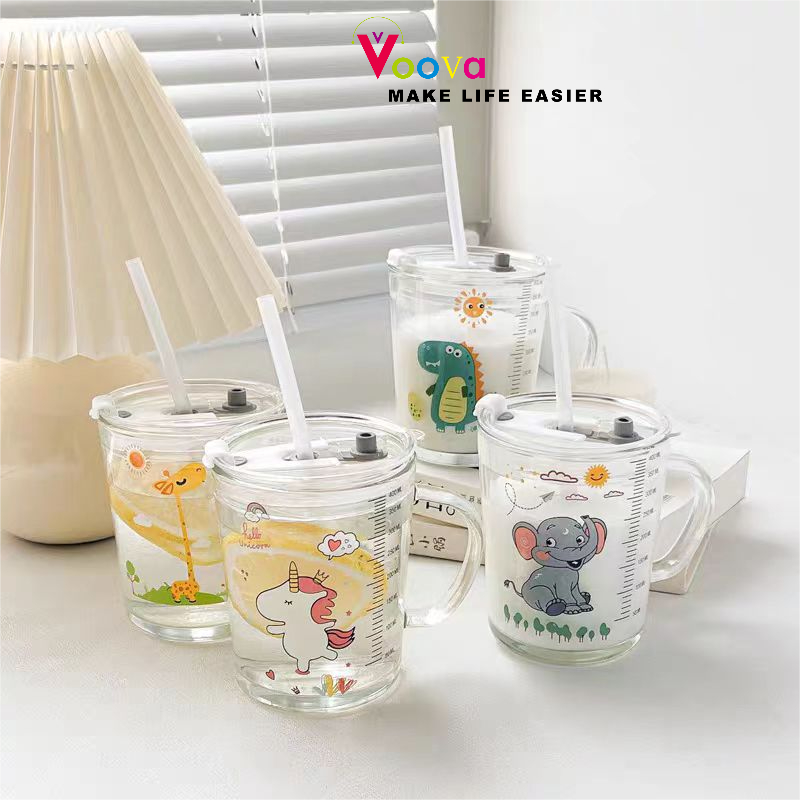 VOOVA Gelas Kaca Serbaguna Motif Cartoon / Gelas Anak / Gelas Susu Kartun / Gelas Sereal Anak / Gela