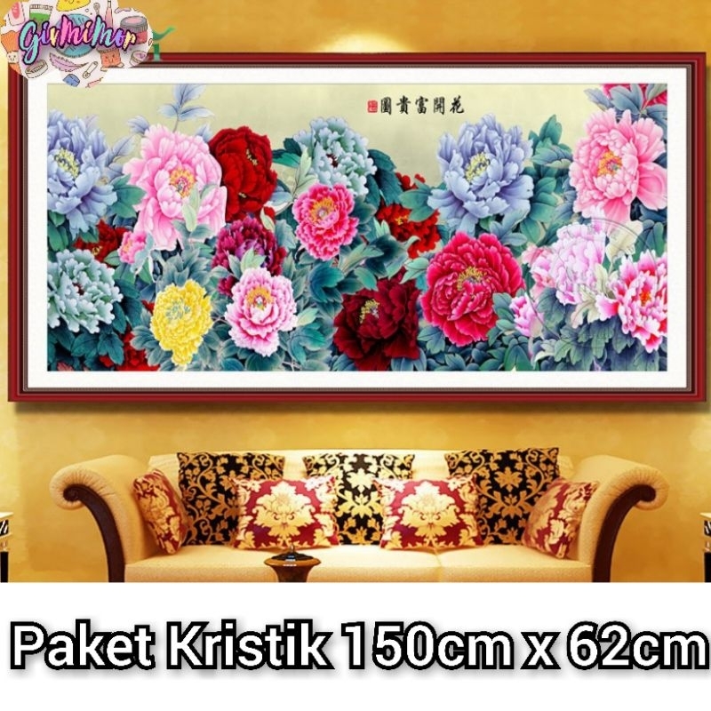 Paket DIY Sulam Kristik Chinese Peony Bunga Peoni 11ct 150cm x 62cm