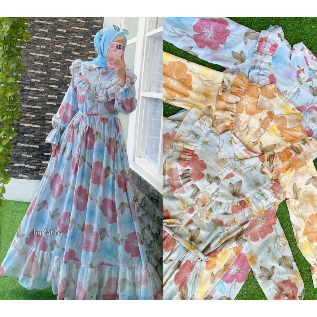 LONG MAXI CERUTY RUFFLE DADA VARIASI KERAH V MIX PEARL BUTTON DEPAN LENGAN BALON PREMIUM WANITA TERU