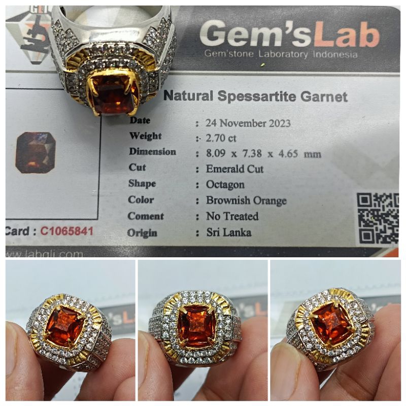 Natural Spessartite Garnet Ceylon 2,7 ct memo GLI Ring Perak micro