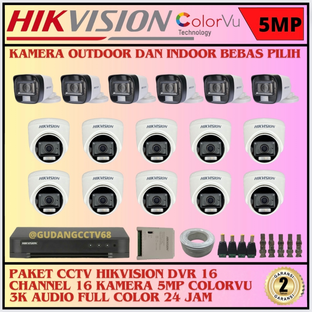 Paket CCTV HIKVISION 16 Channel 16 Camera HIKVISION 5MP Colorvu 3K Full Colour AUDIO SERIES Komplit