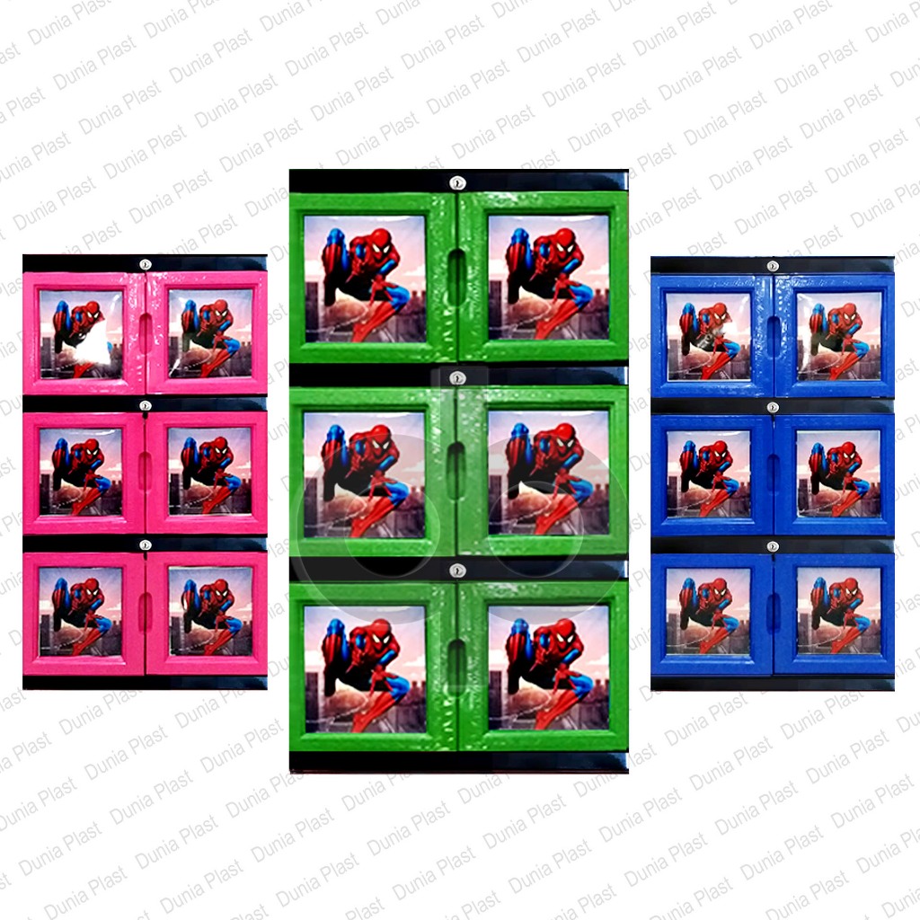 LEMARI PLASTIK 3 SUSUN TINGKAT RAK JUMBO PAKAIAN KABINET KARAKTER SPIDERMAN FULL KUNCI EXCEL PORTABL