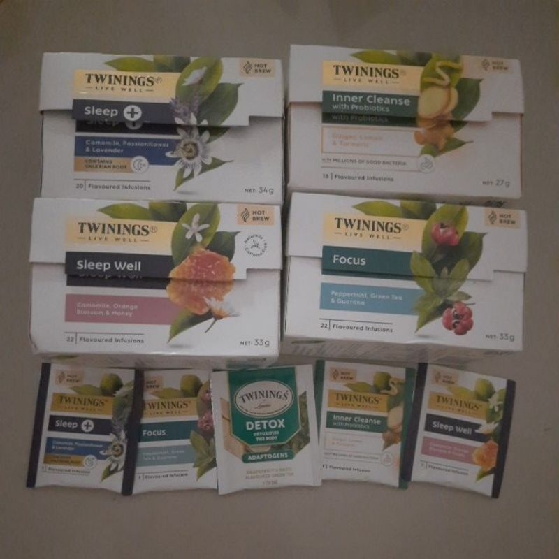 

Twinings Inner Cleanse with Probiotics Ginger Lemon Turmeric Sleep+ Lavender Peppermint Liquorice Teh Pencernaan Twinnings Sleep Well Camomile Orange Blossom Honey Teh Tidur Nyenyak Detox Tea Sweet Fennel Lemongrass Verbena Teh Buang Racun Sachet Focus