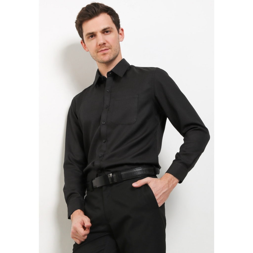ZANETTI Diamond Black Dobby Basic Shirt Hitam Kemeja Hem Pria Slim Fit Tekstur Lengan Panjang