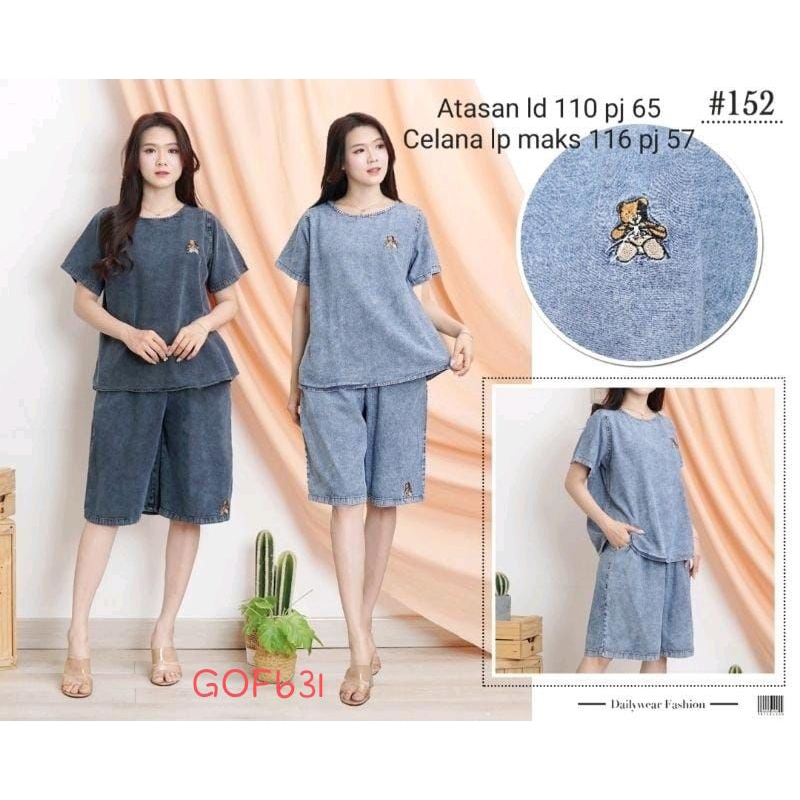 GOF631 Setelan Wanita Celana Pendek Jeans Jumbo Denim Atasan LD110 pj65 bordir dada celana pendek pi