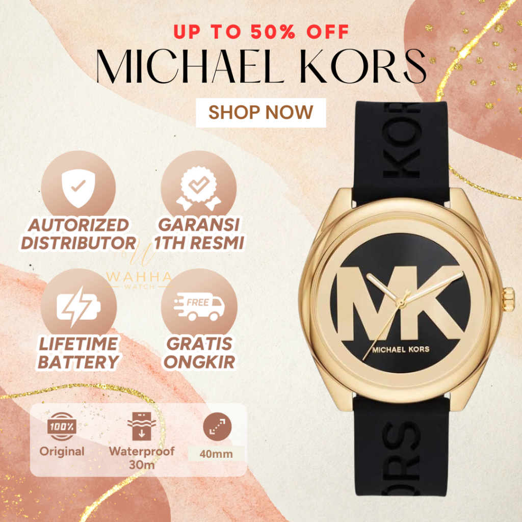 [ORIGINAL]-[COD]✅ Jam Tangan Wanita Michael Kors MK7313 Black Gold Tone Logo Dial Black Silicone Ban