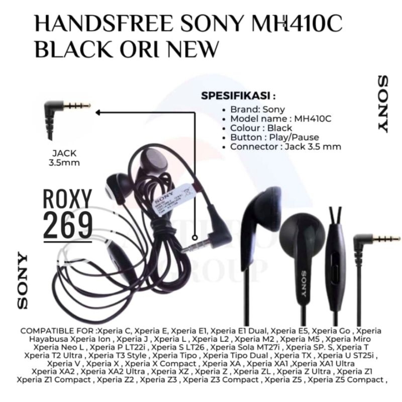 Headset Earphone Sony Xperia 3.5mm bulat Original Ori Z Z1 Z2 Z3 Z4 Z5 X XZ XZ1 XZ2 XZ3 Plus Mini XA